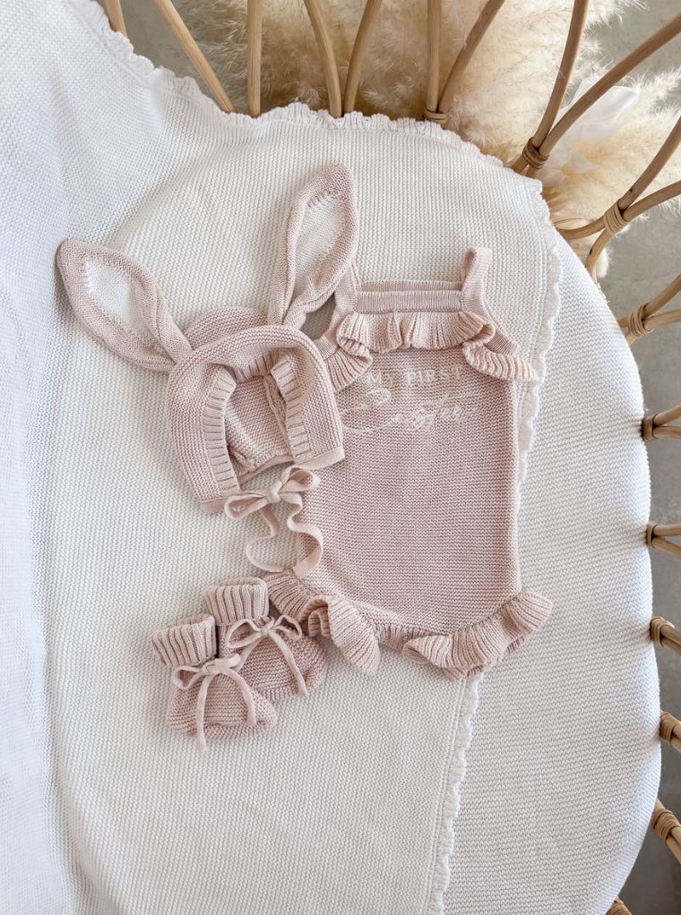 COMING SOON 'My First Easter' Singlet Knit Frill Romper - Pink Lemonade
