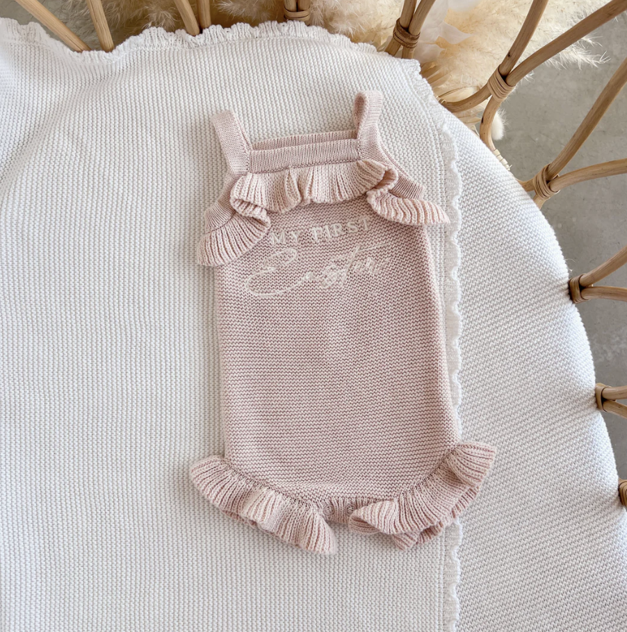 COMING SOON 'My First Easter' Singlet Knit Frill Romper - Pink Lemonade