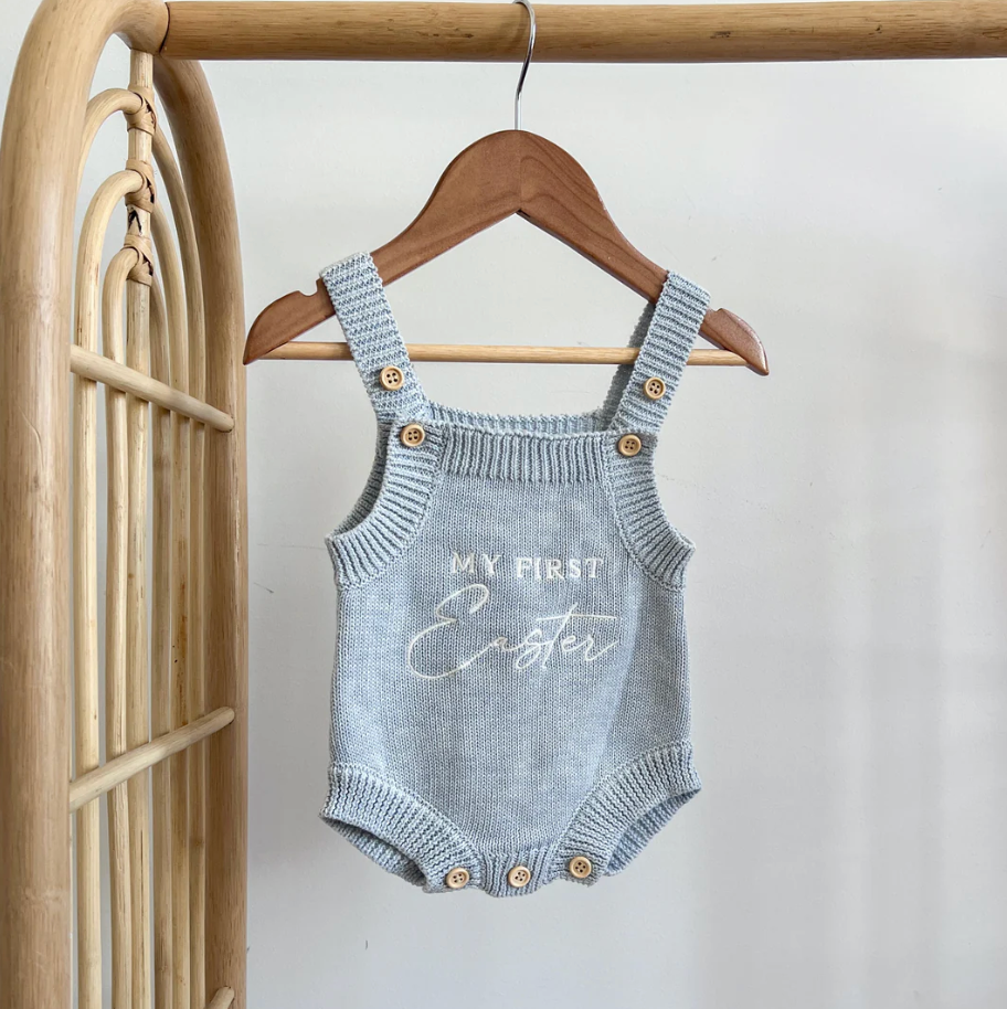 COMING SOON 'My First Easter' Singlet Knit Romper - Powder Blue