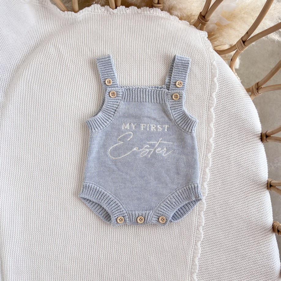 COMING SOON 'My First Easter' Singlet Knit Romper - Powder Blue