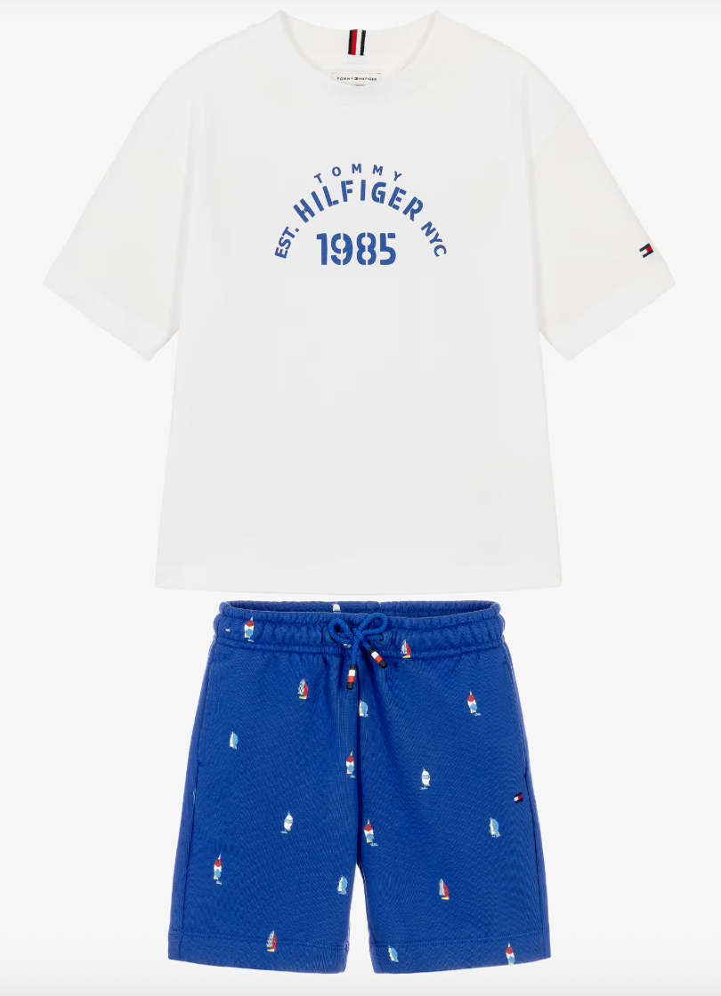 White & Blue Cotton Sailing Boat Shorts Set