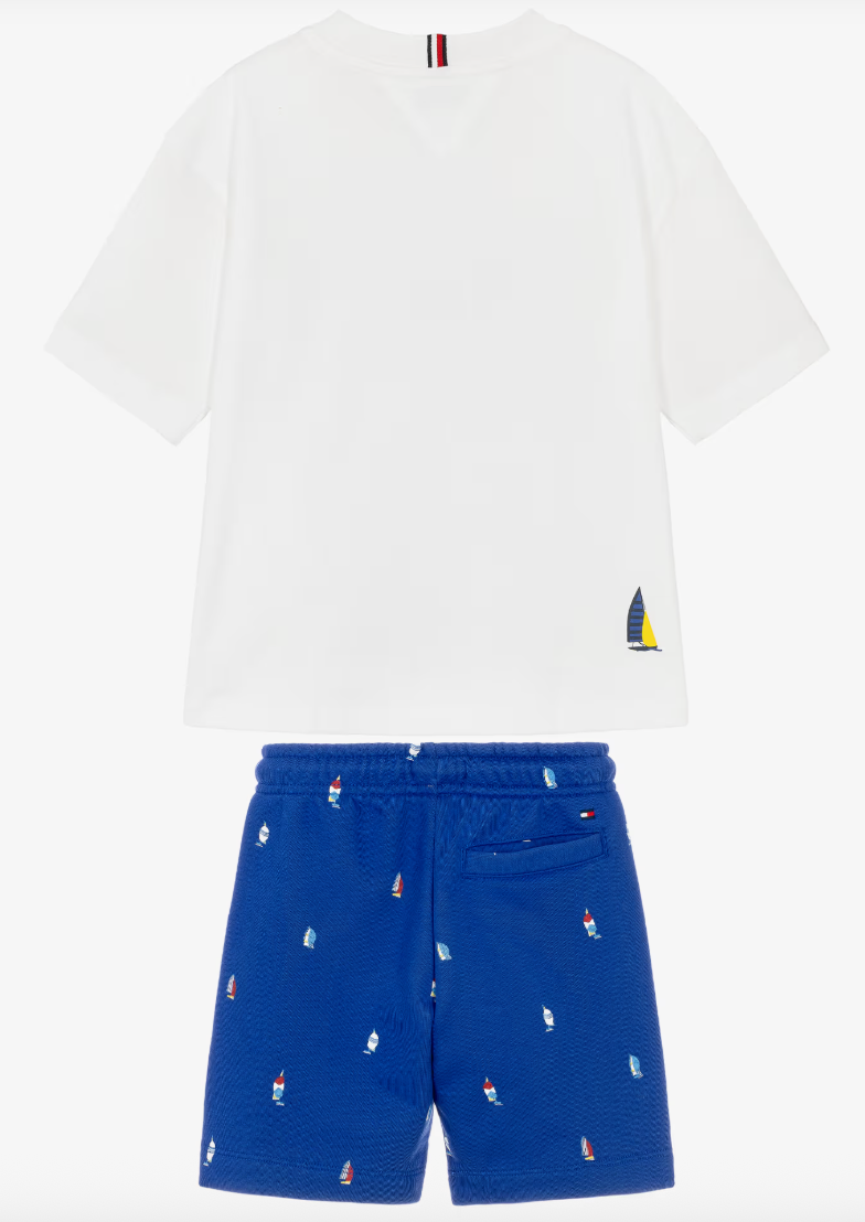 White & Blue Cotton Sailing Boat Shorts Set