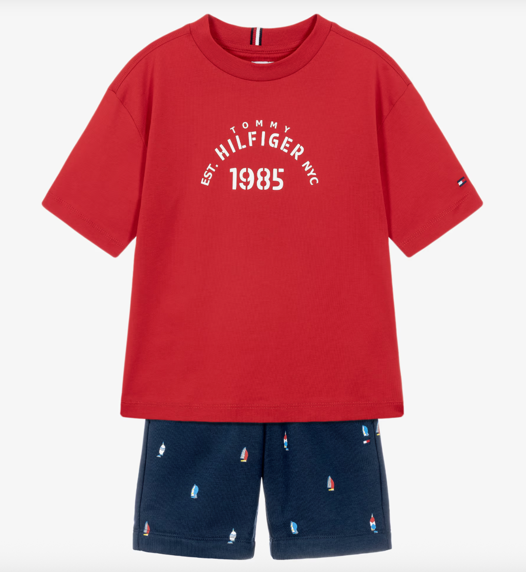Red & Navy Blue Cotton Sailing Boat Shorts Set