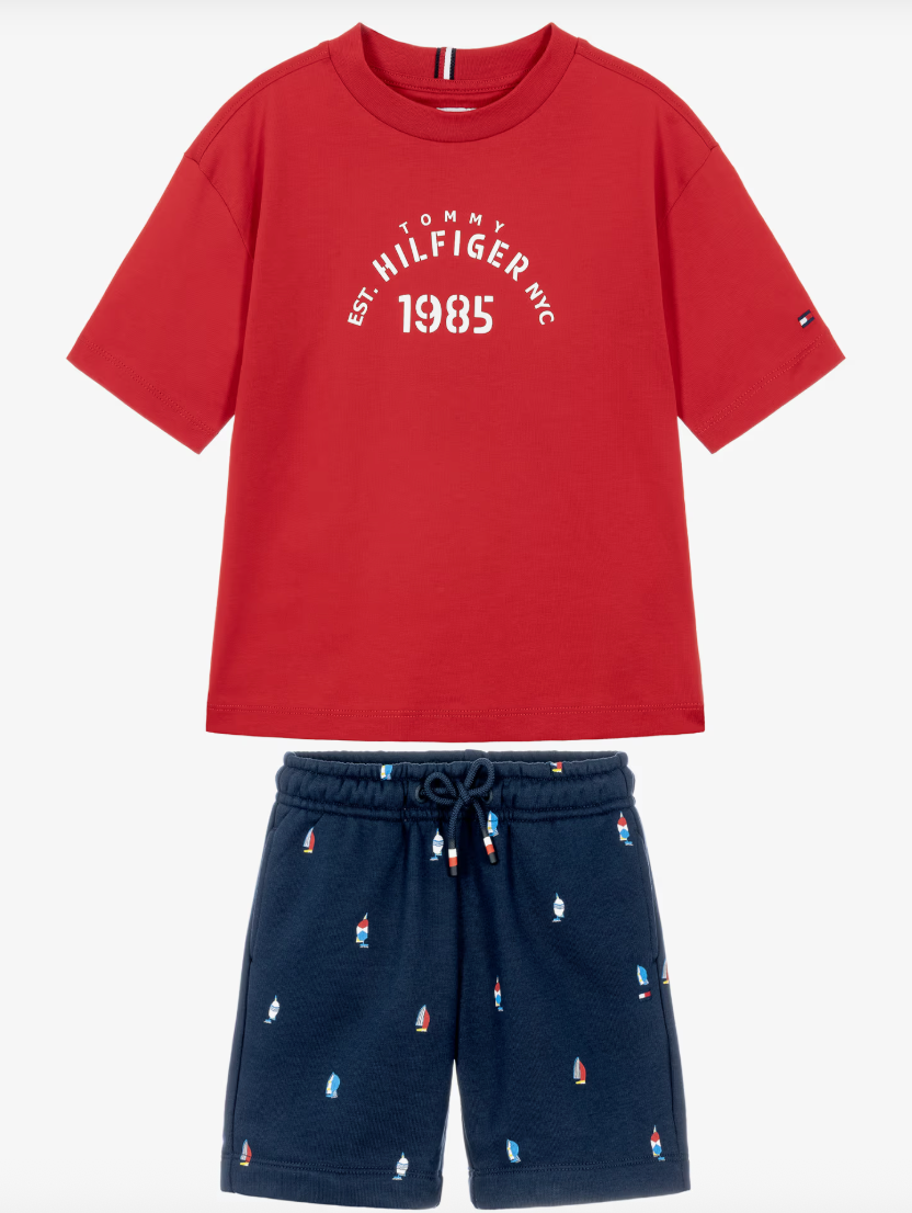 Red & Navy Blue Cotton Sailing Boat Shorts Set