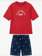 Red & Navy Blue Cotton Sailing Boat Shorts Set