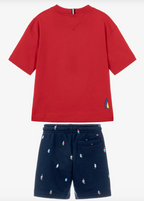 Red & Navy Blue Cotton Sailing Boat Shorts Set
