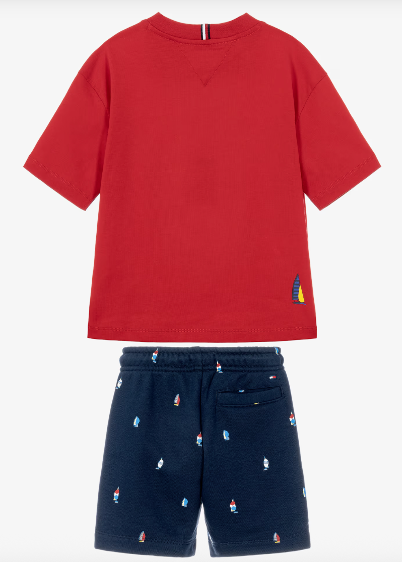 Red & Navy Blue Cotton Sailing Boat Shorts Set