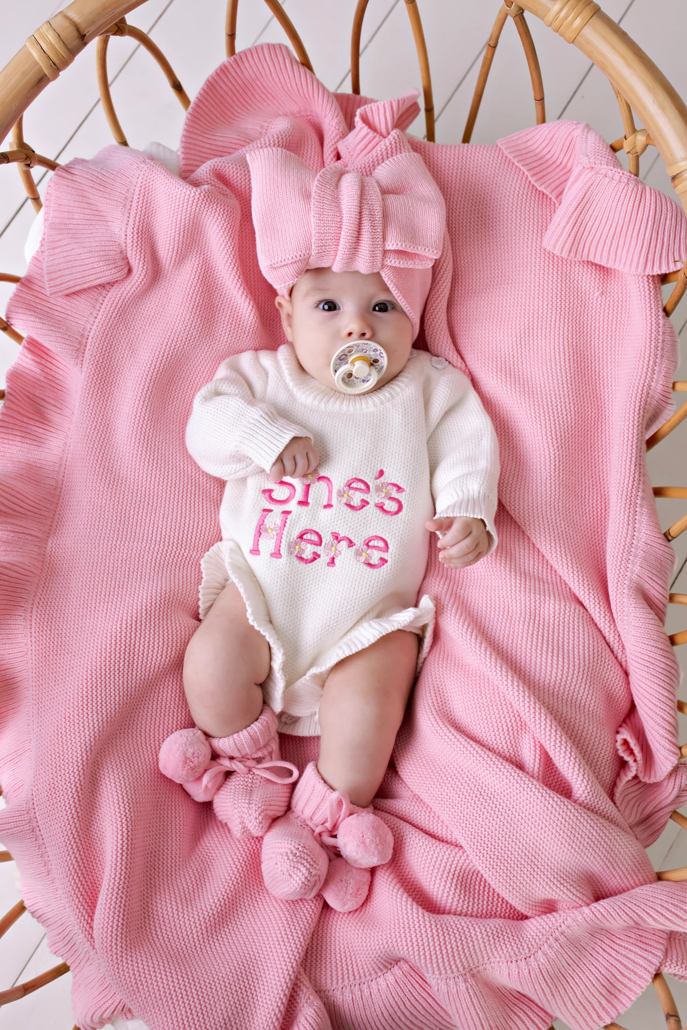 "She's Here" Floral Knit Romper Snow NEWBORN