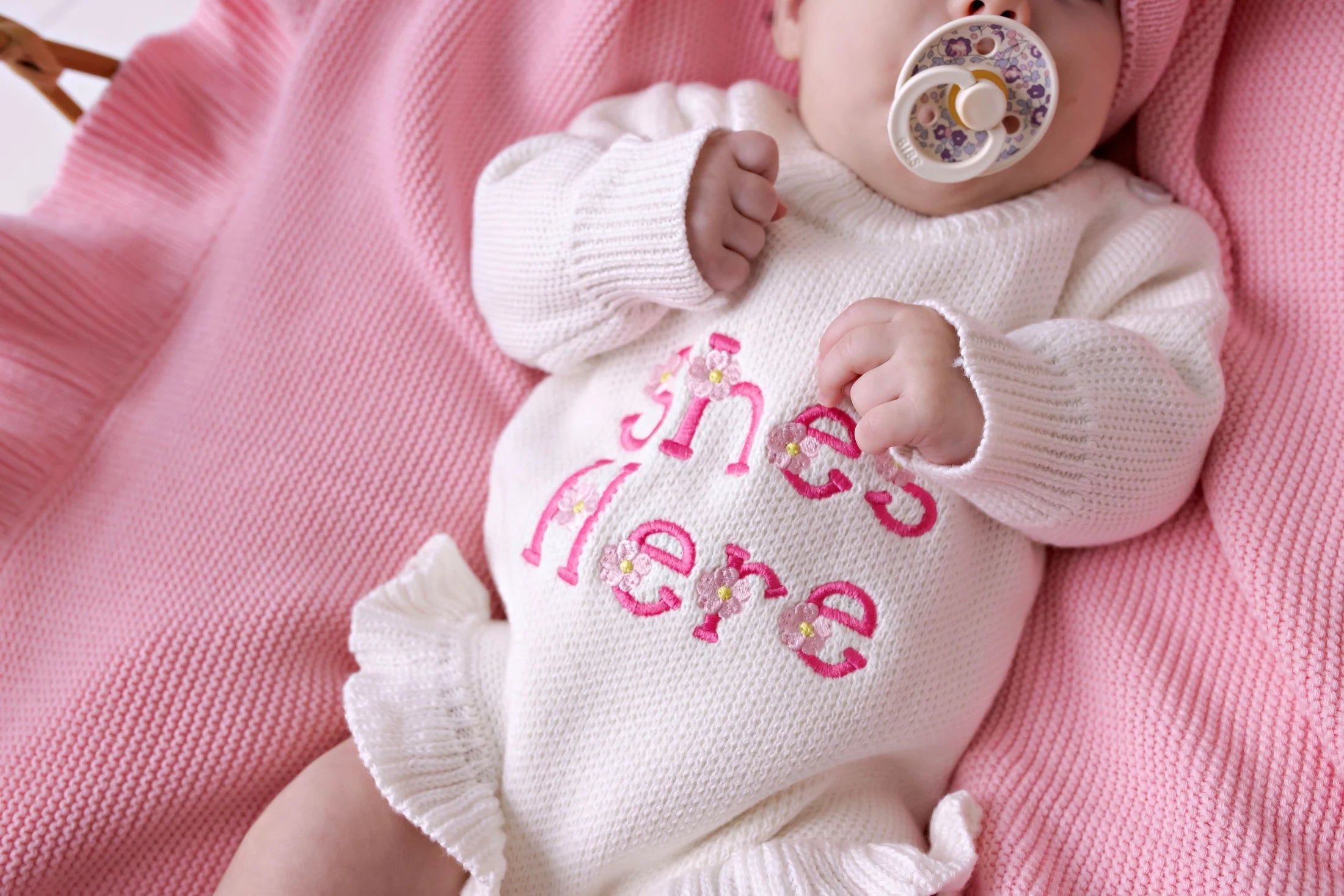 "She's Here" Floral Knit Romper Snow NEWBORN