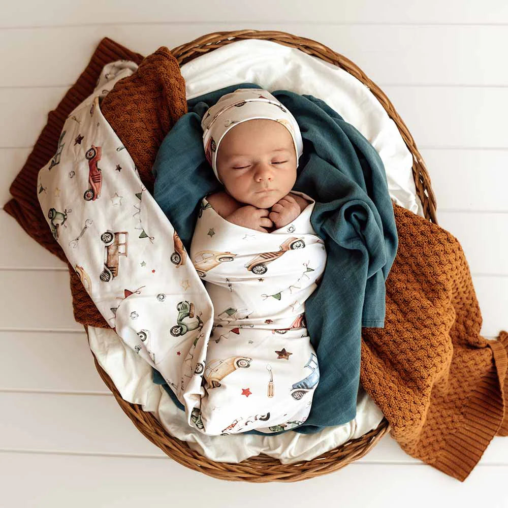 Vintage Cars Organic Jersey Wrap & Beanie Set