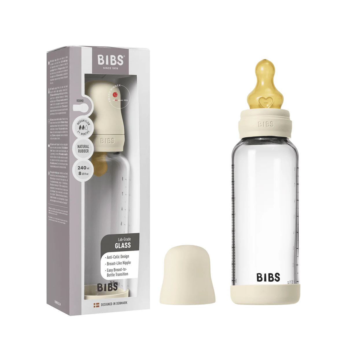 Glass Baby Bottle, 240ml Latex - Ivory