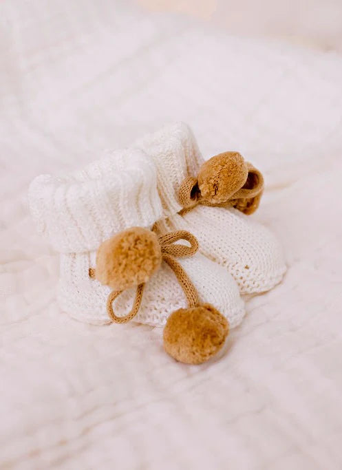 Pom Pom Booties - White + Caramel