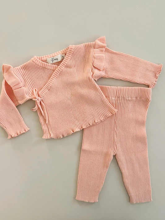 Ribbed Ruffle Kimono Set - Coral