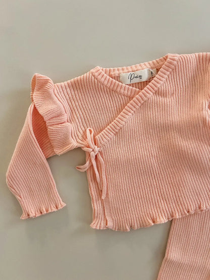 Ribbed Ruffle Kimono Set - Coral