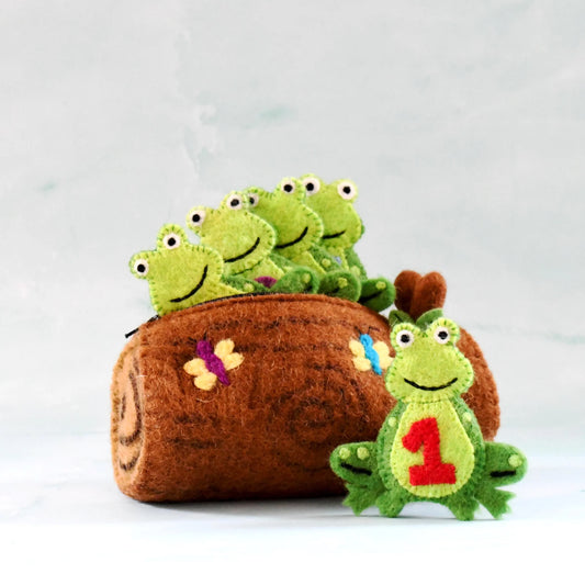 5 Little Speckled Frogs with Log Bag - Finger Puppet Set