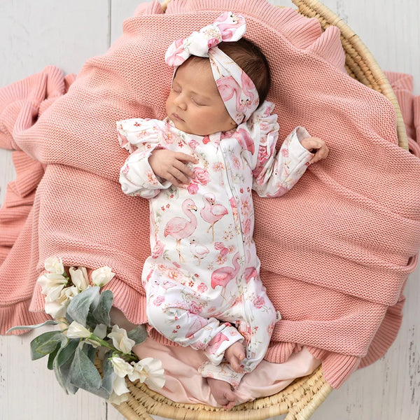 COMING SOON Flamingos Organic Snugglesuit Convertible Romper with Frill