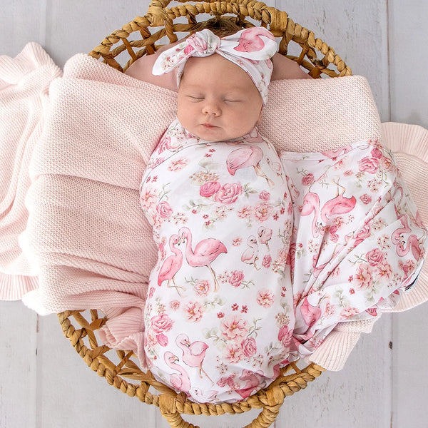 COMING SOON Flamingos Organic Jersey Wrap & Topknot Set