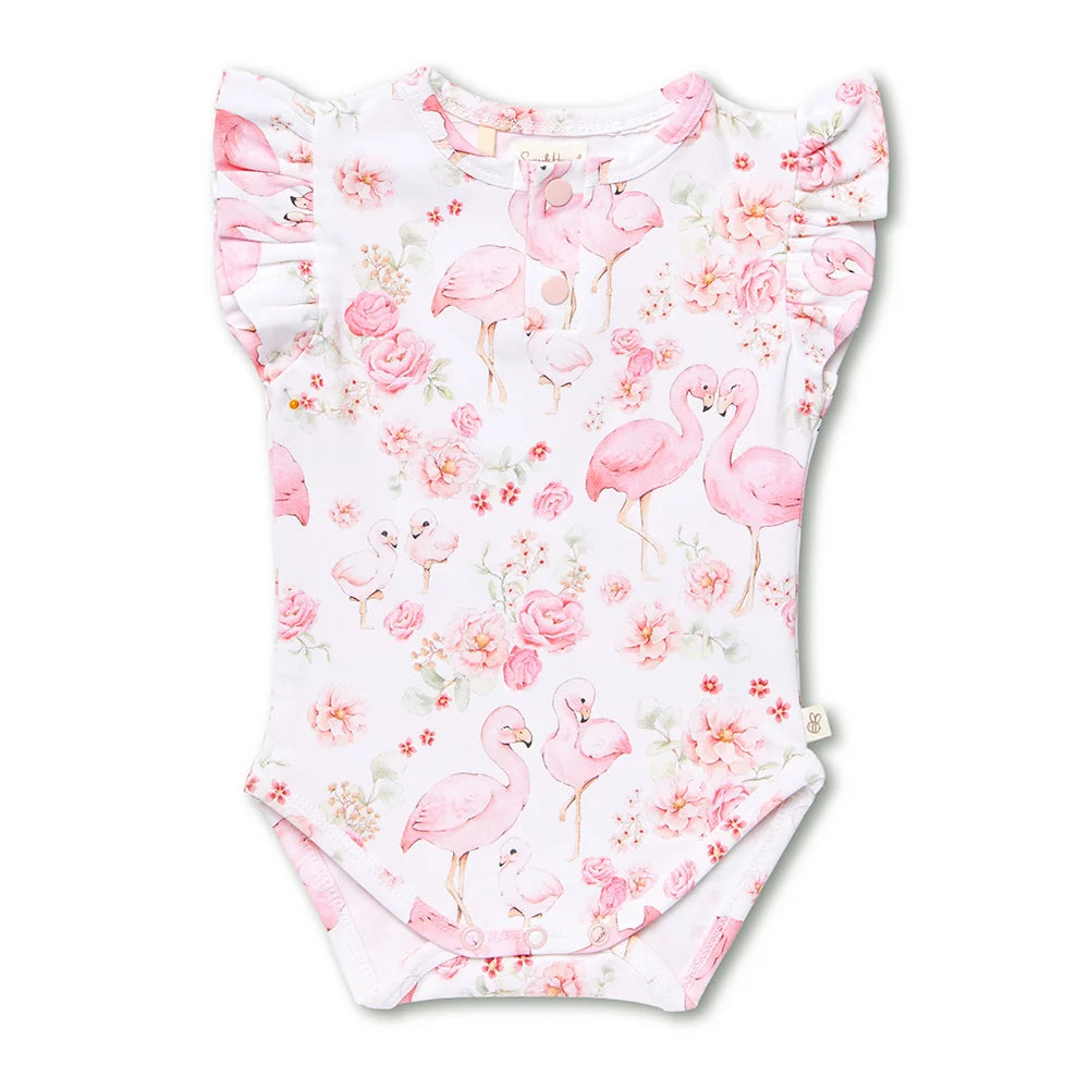 Flamingos Short Sleeve Organic Bodysuit with Frill