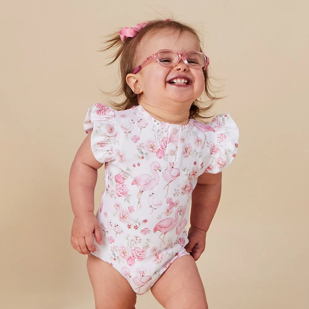 Flamingos Short Sleeve Organic Bodysuit with Frill