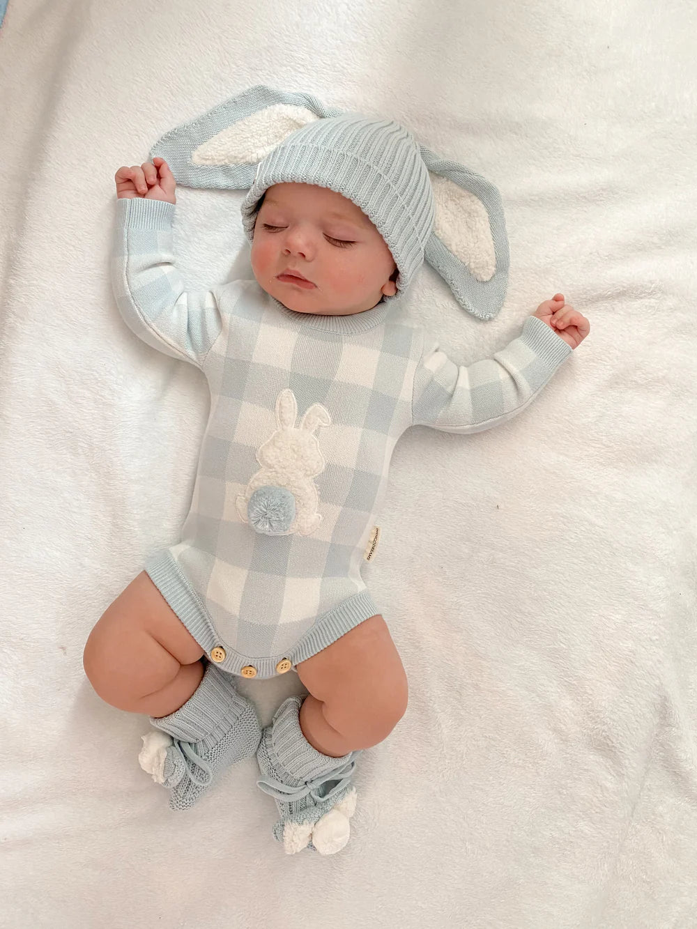 Gingham Bunny Long sleeve Romper - Powder Blue