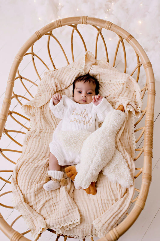 PREORDER 'Hello World' Chunky Knit Romper - Caramel Font