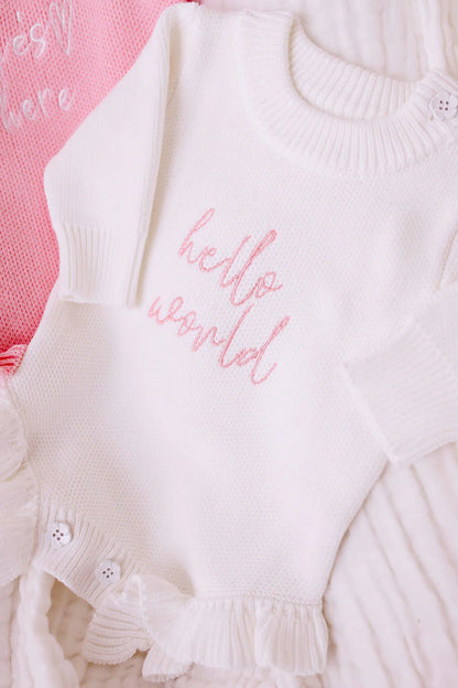 PREORDER 'Hello World' Knit Romper - Blush Font