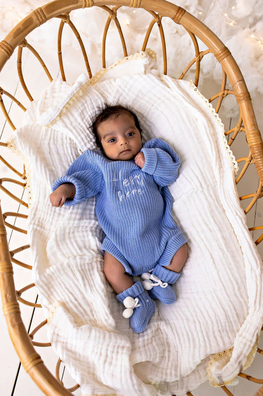 PREORDER 'He's Here' Chunky Knit Romper Sky