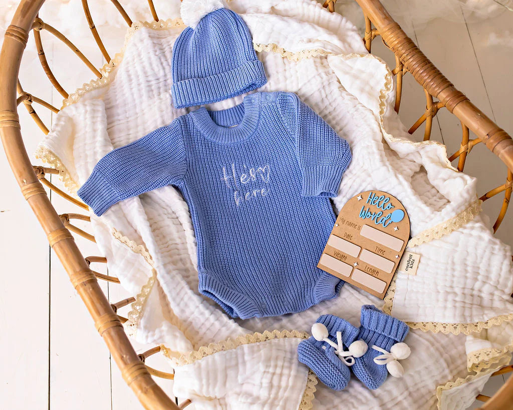 PREORDER 'He's Here' Chunky Knit Romper Sky