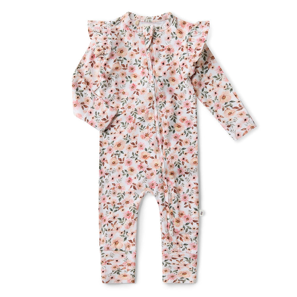 Spring Floral Organic Snugglesuit Convertible Romper with Frill