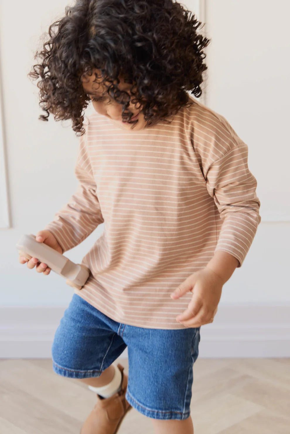 Organic Cotton Levi Long Sleeve Top - Daily Stripe Pale Terracotta/Buff